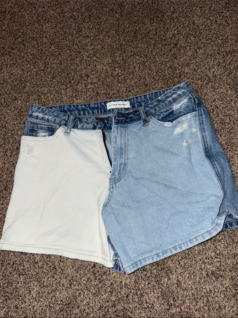 Flying Monkey Two-Tone Denim Shorts in Light Blue & Cream